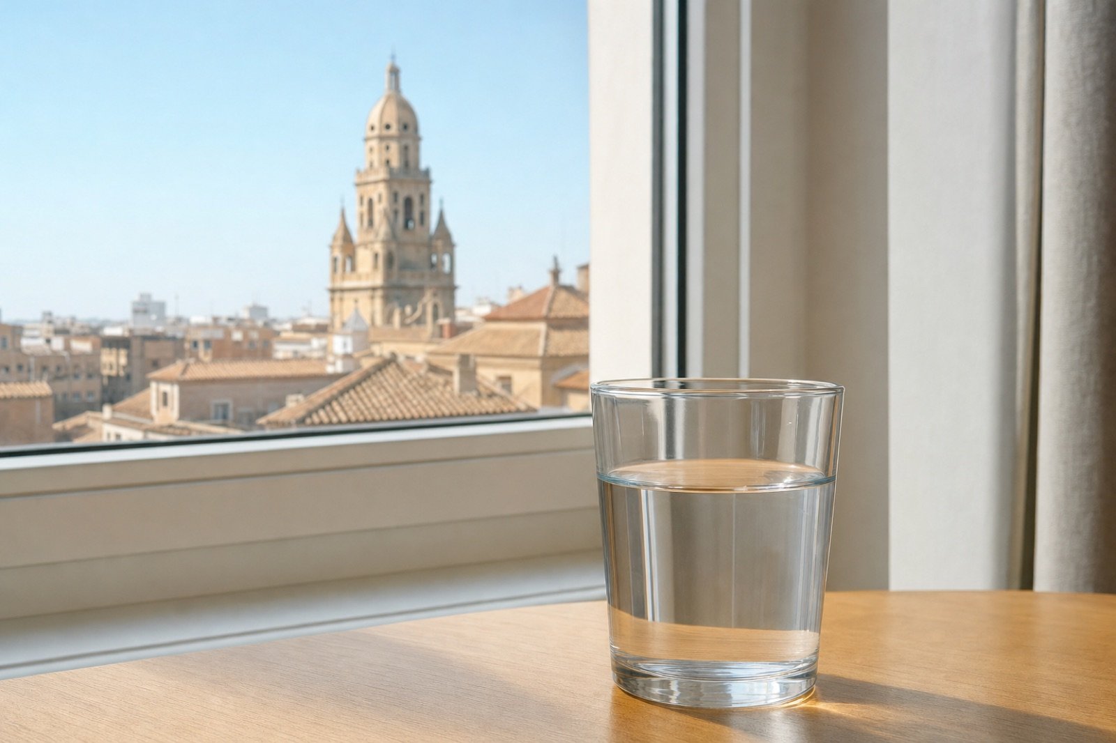 Vaso de agua en una ventana con vistas a la catedral de Murcia