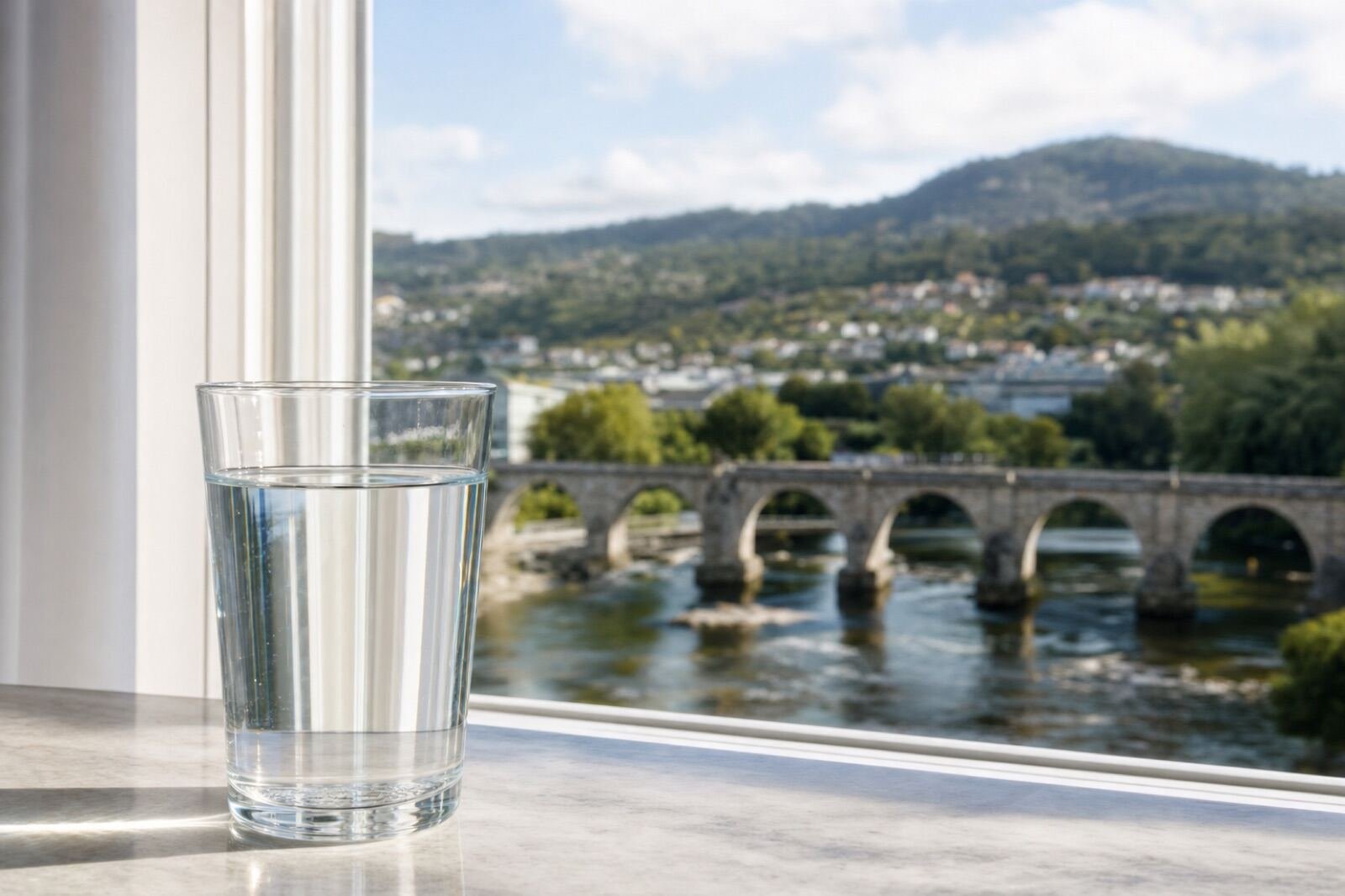 Vaso de agua del grifo con vistas a Ourense