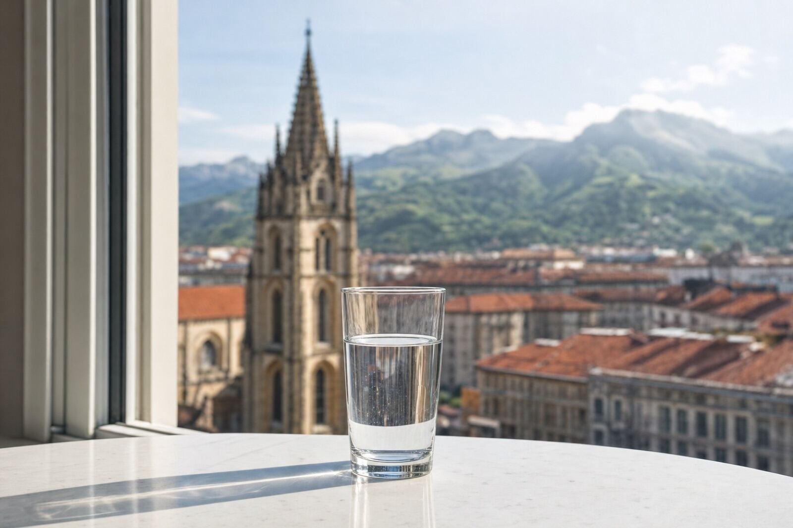 Vaso de agua del grifo con vistas a Oviedo