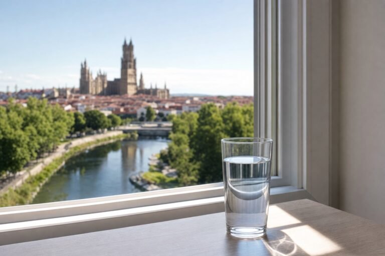 Vaso de agua del grifo con vistas a Palencia