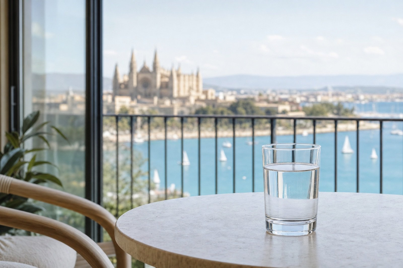 Vaso de agua en una terraza con vistas a la catedral y la bahía de Palma