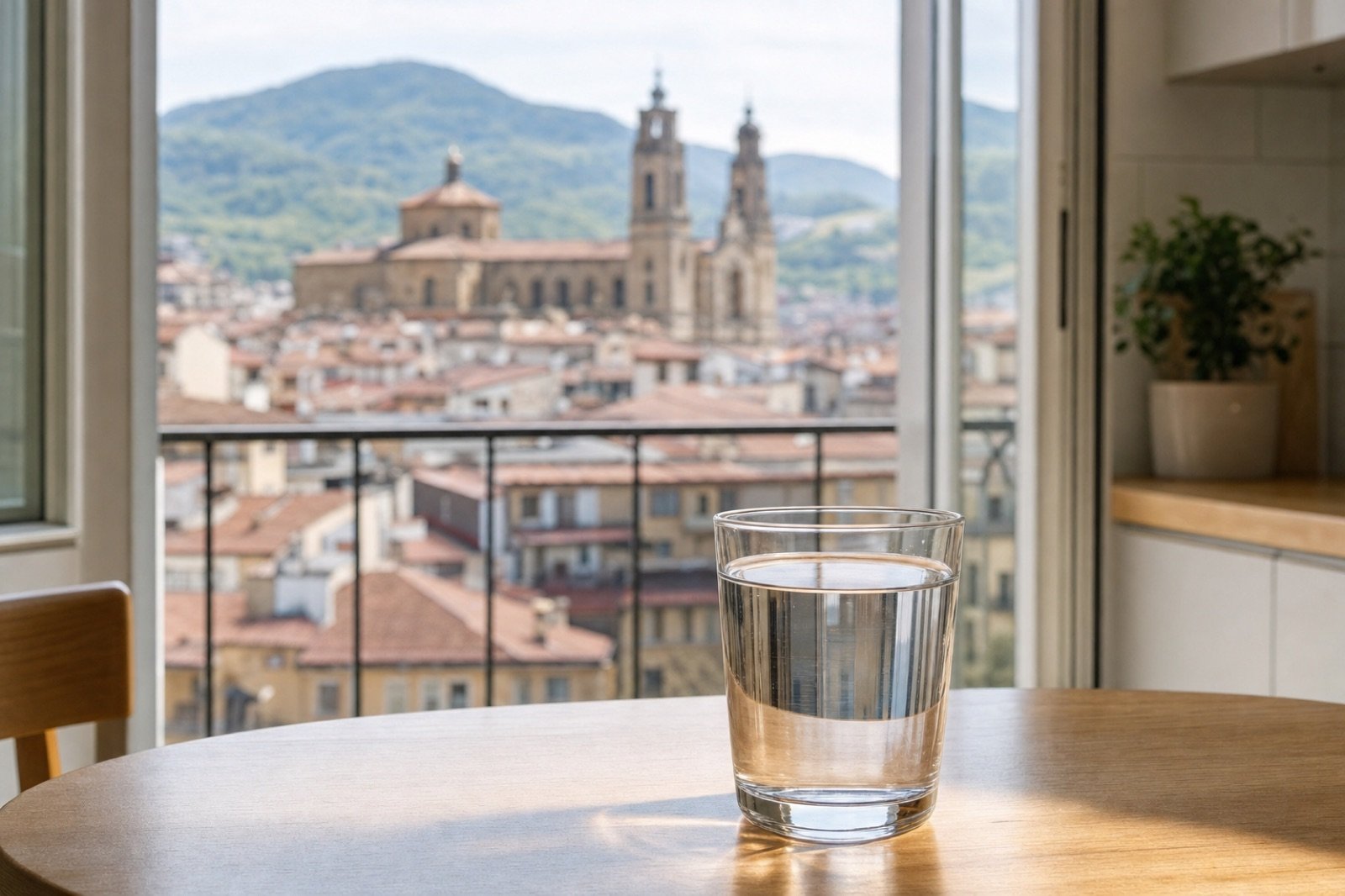 Vaso de agua en una mesa con vistas al casco antiguo de Pamplona