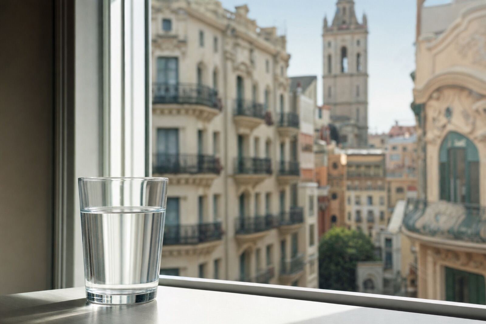 Vaso de agua del grifo con vistas a Reus