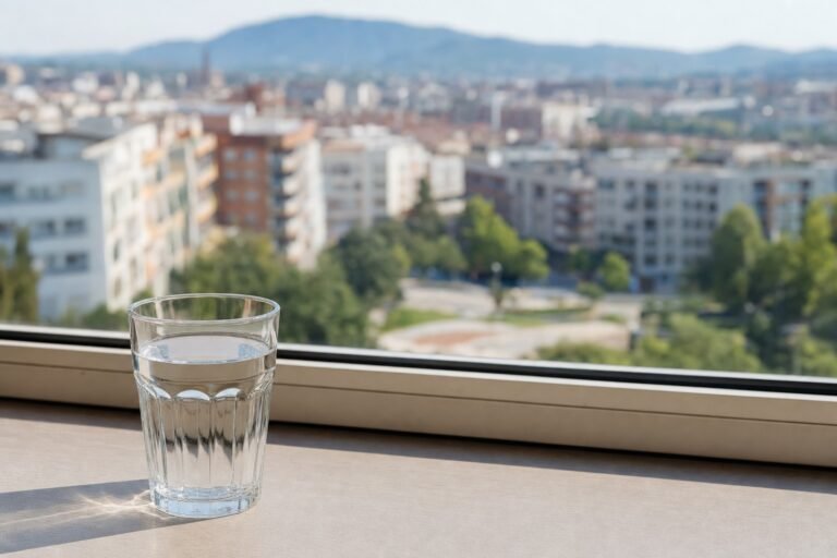 Vaso de agua del grifo con vistas a Sabadell