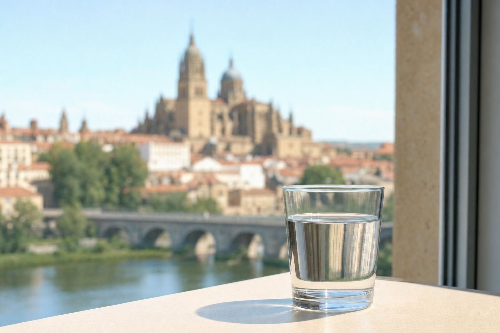 Vaso de agua del grifo con vistas a Salamanca