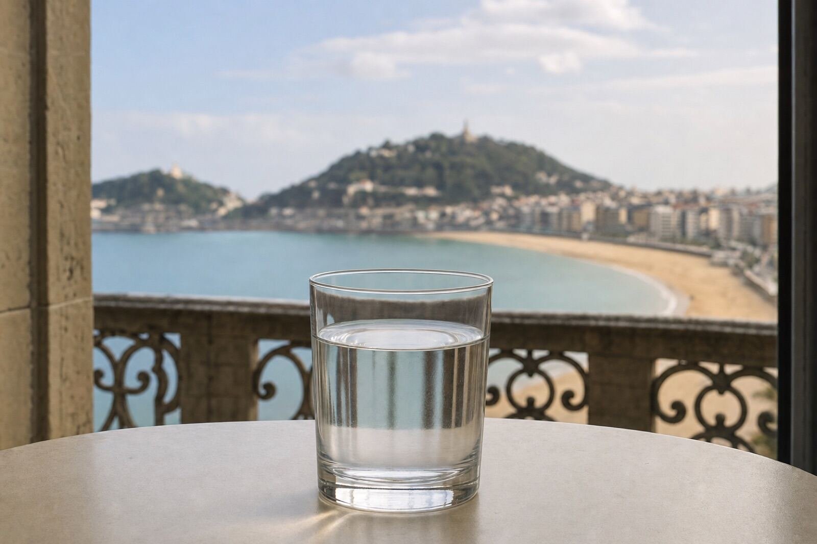 Vaso de agua del grifo con vistas a San Sebastián