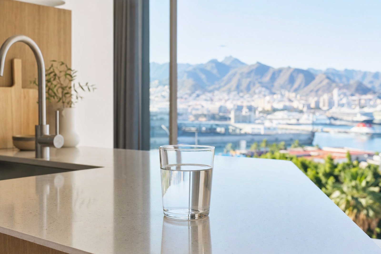 Vaso de agua en una cocina con vistas al puerto y las montañas de Santa Cruz de Tenerife