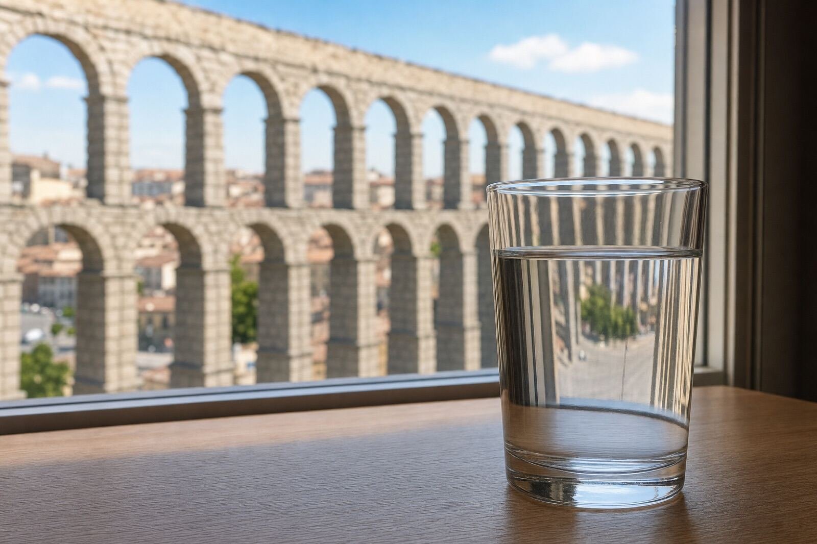 Vaso de agua del grifo con vistas a Segovia