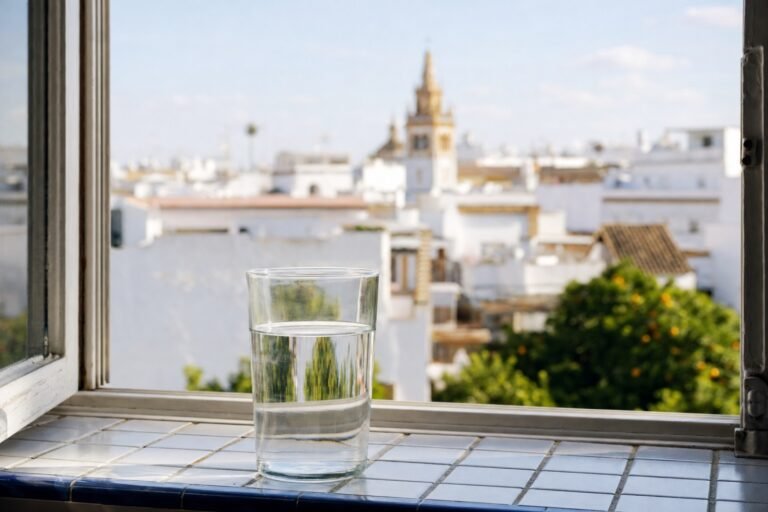 Vaso de agua en una ventana con vistas a los tejados de Sevilla