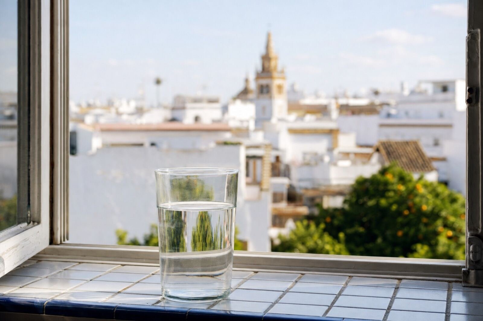 Vaso de agua en una ventana con vistas a los tejados de Sevilla