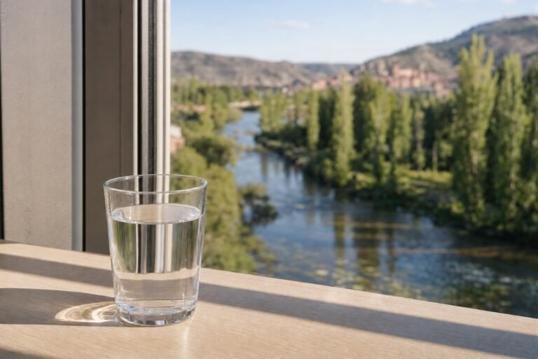Vaso de agua del grifo con vistas a Soria
