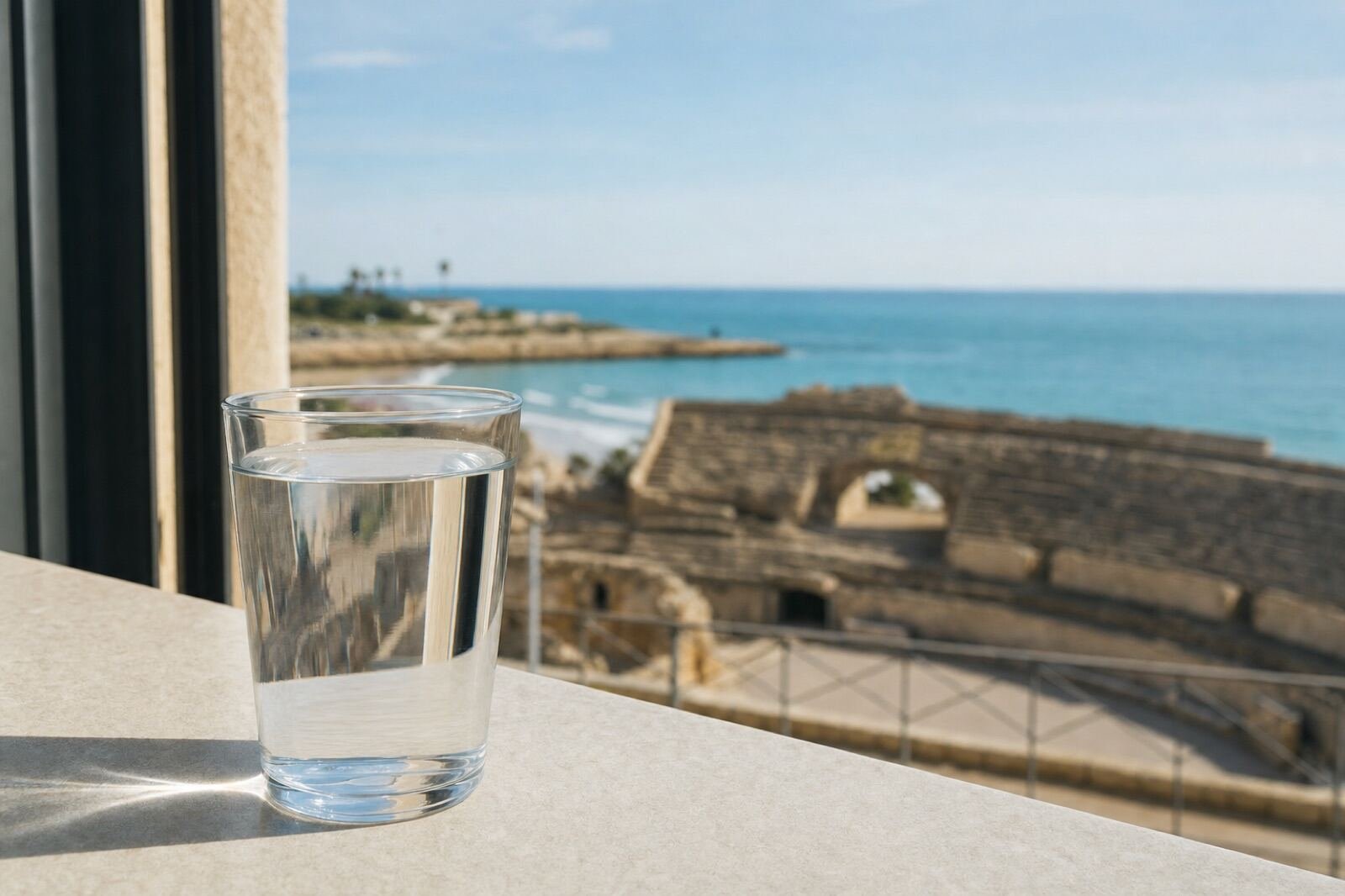 Vaso de agua del grifo con vistas a Tarragona