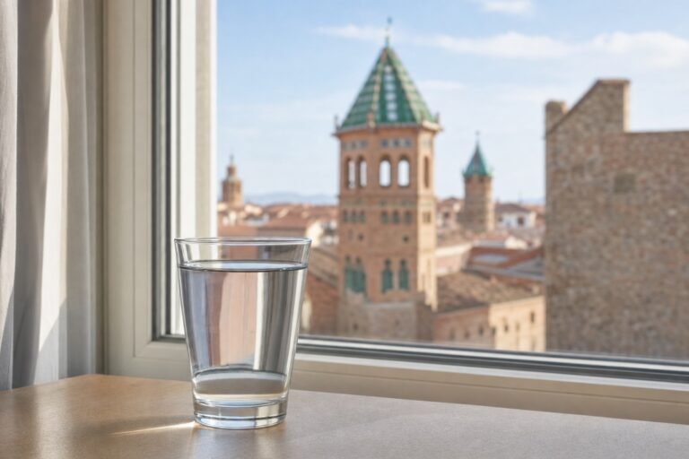 Vaso de agua del grifo con vistas a Teruel