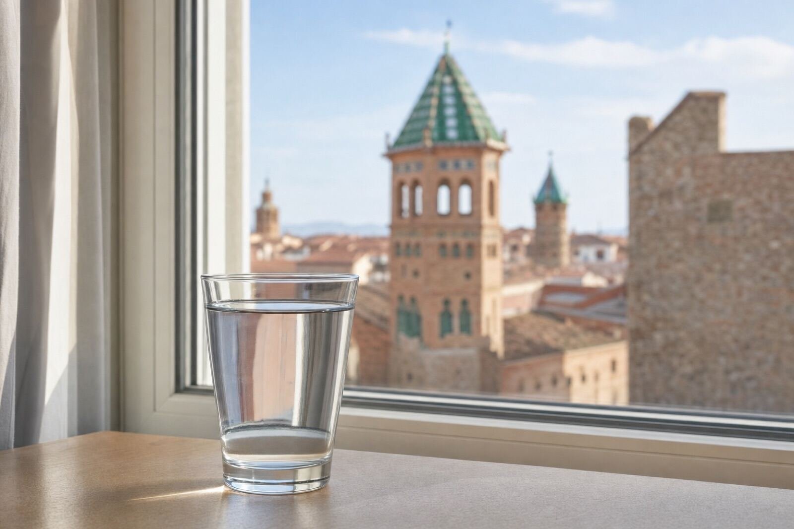 Vaso de agua del grifo con vistas a Teruel