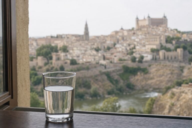 Vaso de agua del grifo con vistas a Toledo