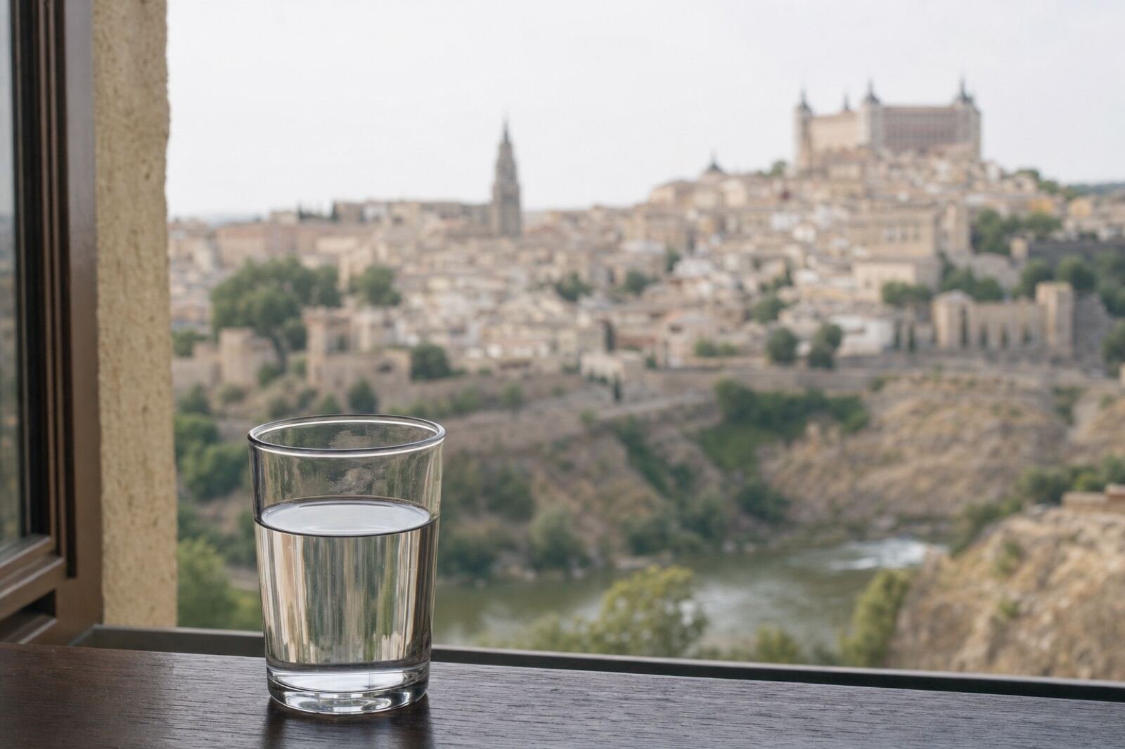 Vaso de agua del grifo con vistas a Toledo