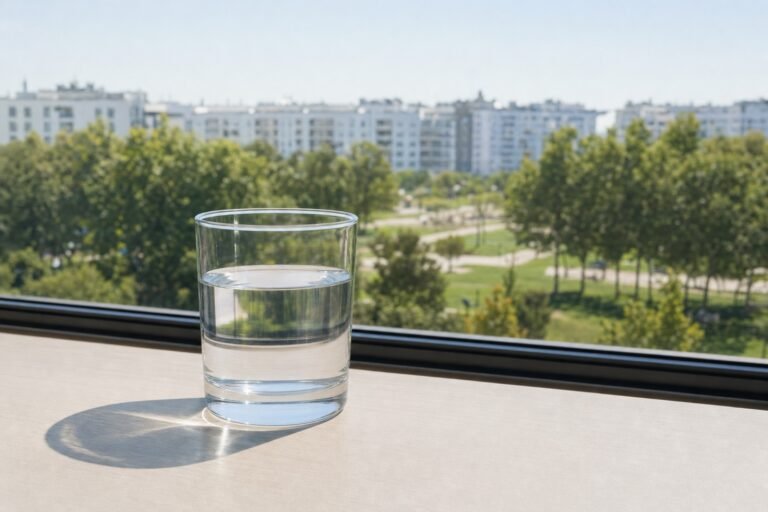 Vaso de agua del grifo con vistas a Torrejón de Ardoz