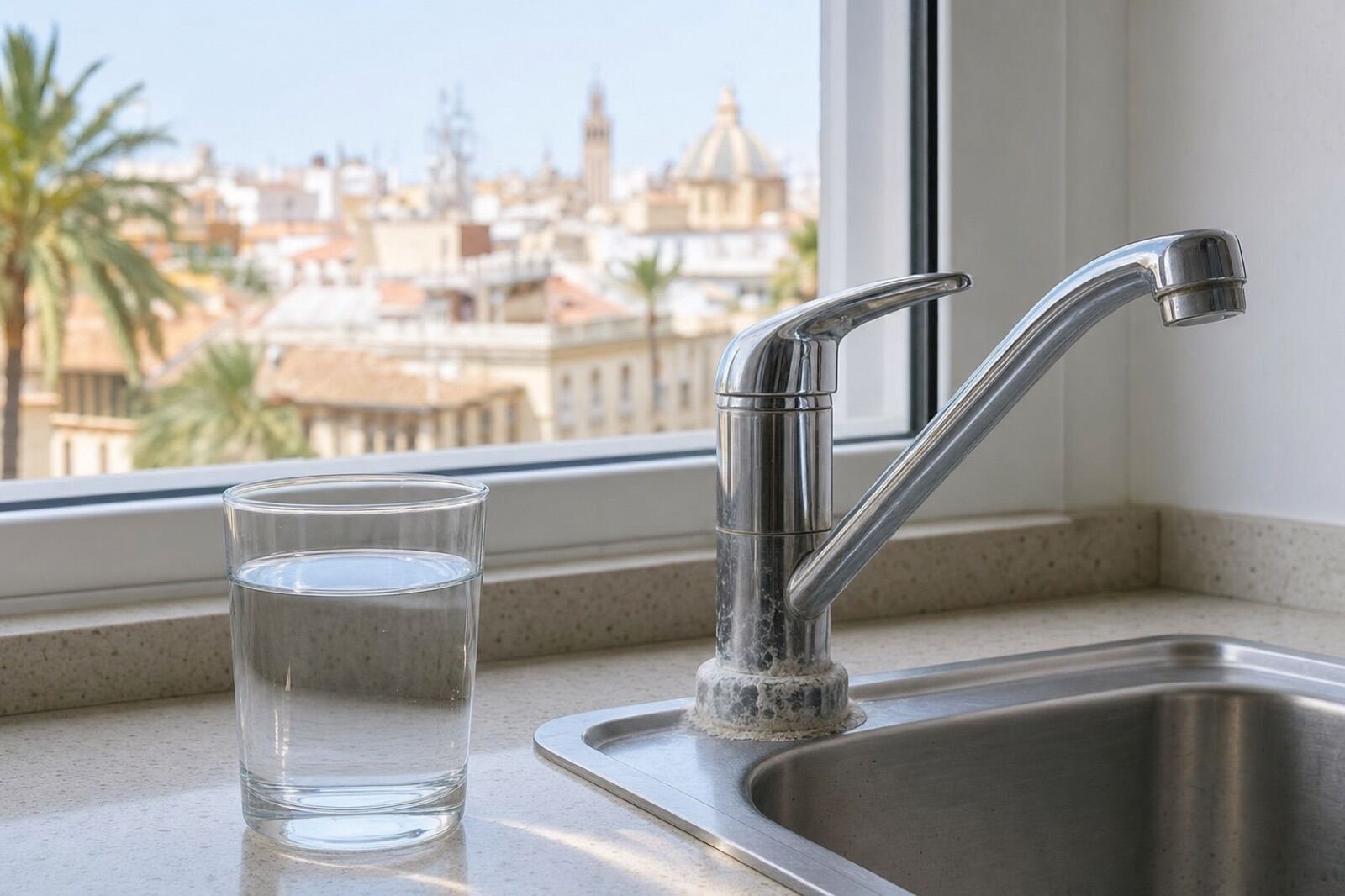 Vaso de agua junto a un grifo con cal en una cocina de Valencia