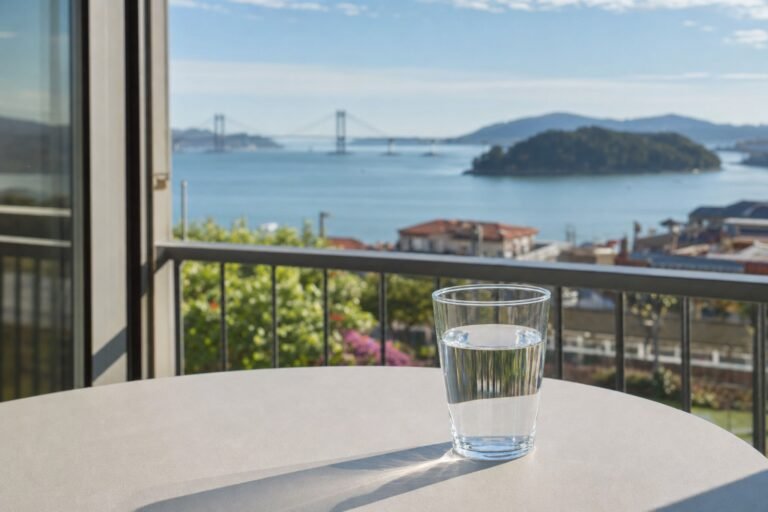 Vaso de agua en una terraza con vistas a la ría de Vigo