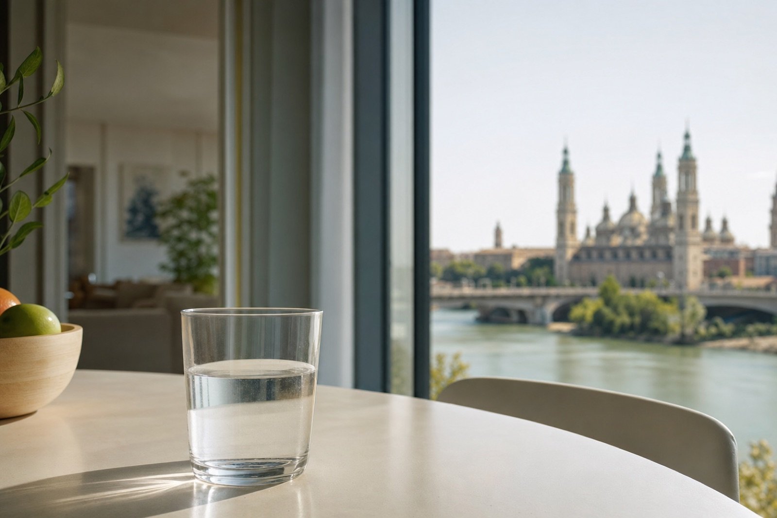 Vaso de agua en una mesa con vistas al Ebro y al Pilar de Zaragoza
