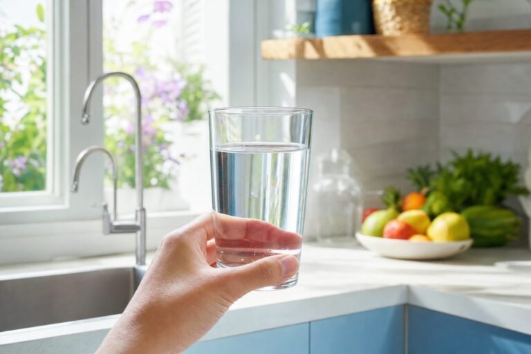 Mano sosteniendo un vaso de agua de ósmosis en una cocina luminosa