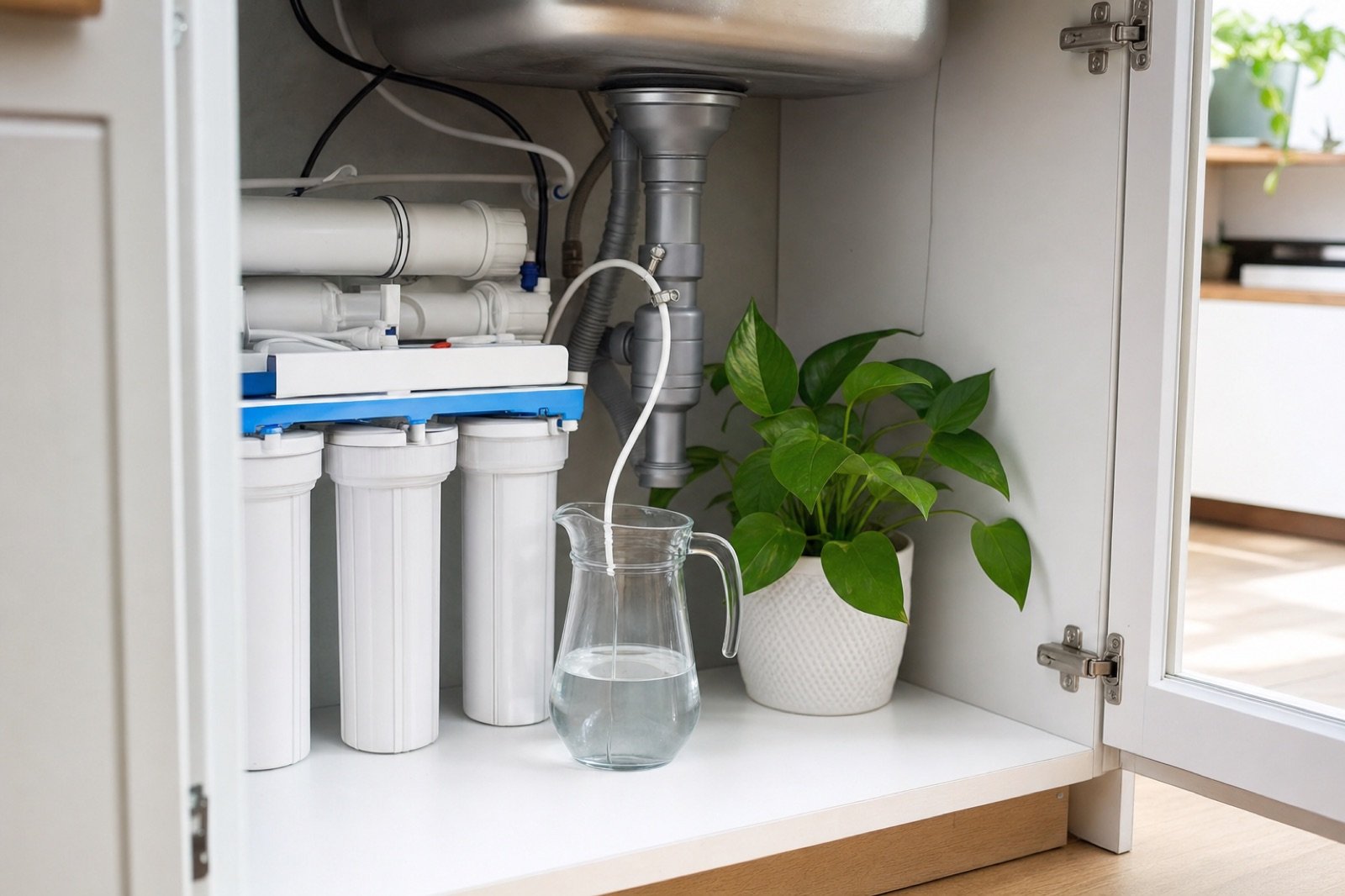 Tubo de desagüe de una ósmosis bajo el fregadero con una jarra recogiendo agua junto a una planta