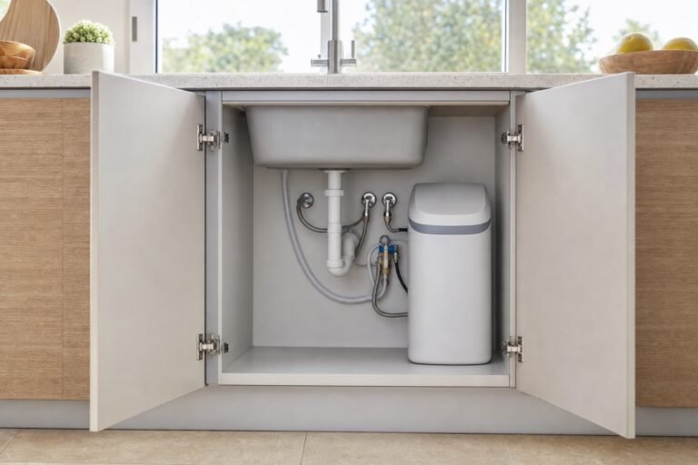Descalcificador compacto instalado dentro de un mueble de cocina