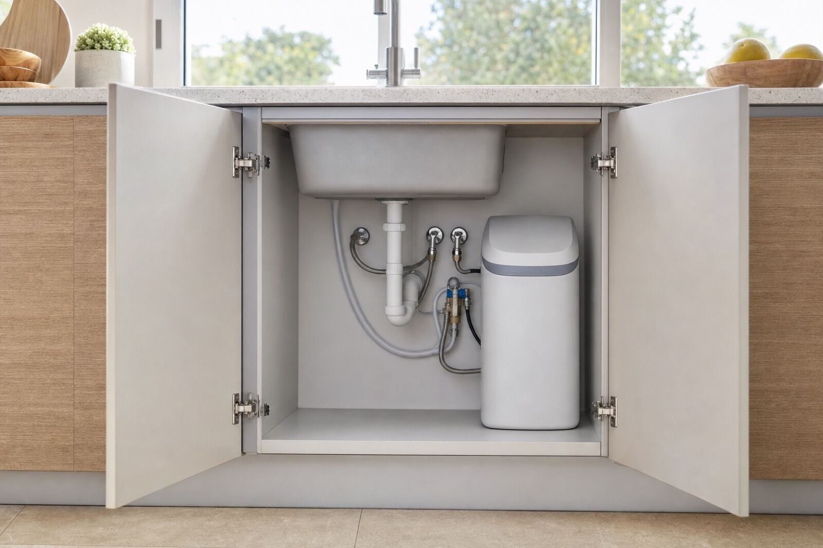 Descalcificador compacto instalado dentro de un mueble de cocina