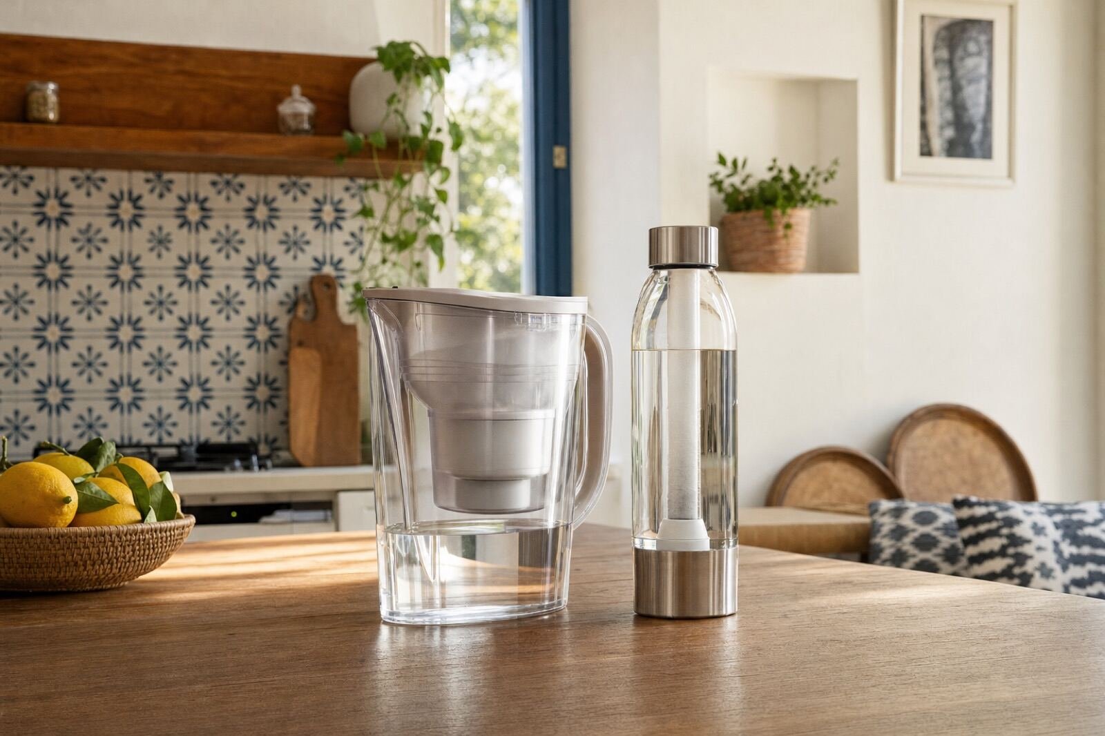 Jarra filtrante compacta y botella con filtro sobre una mesa