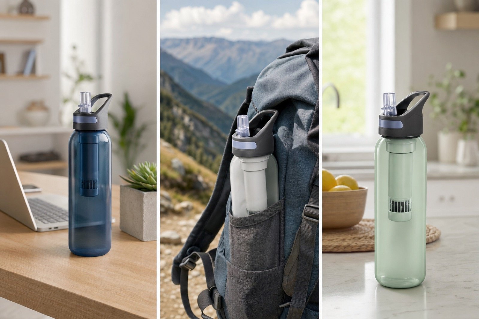 Botellas reutilizables con filtro de agua en la ciudad y en la montaña