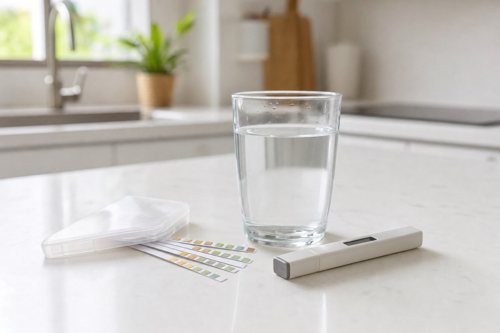 Tiras de dureza y medidor TDS junto a un vaso de agua del grifo