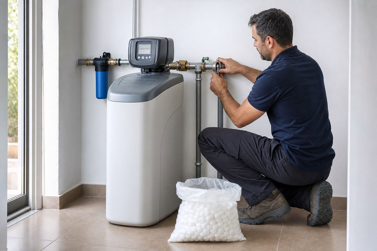 Fontanero instalando un descalcificador de agua en una vivienda