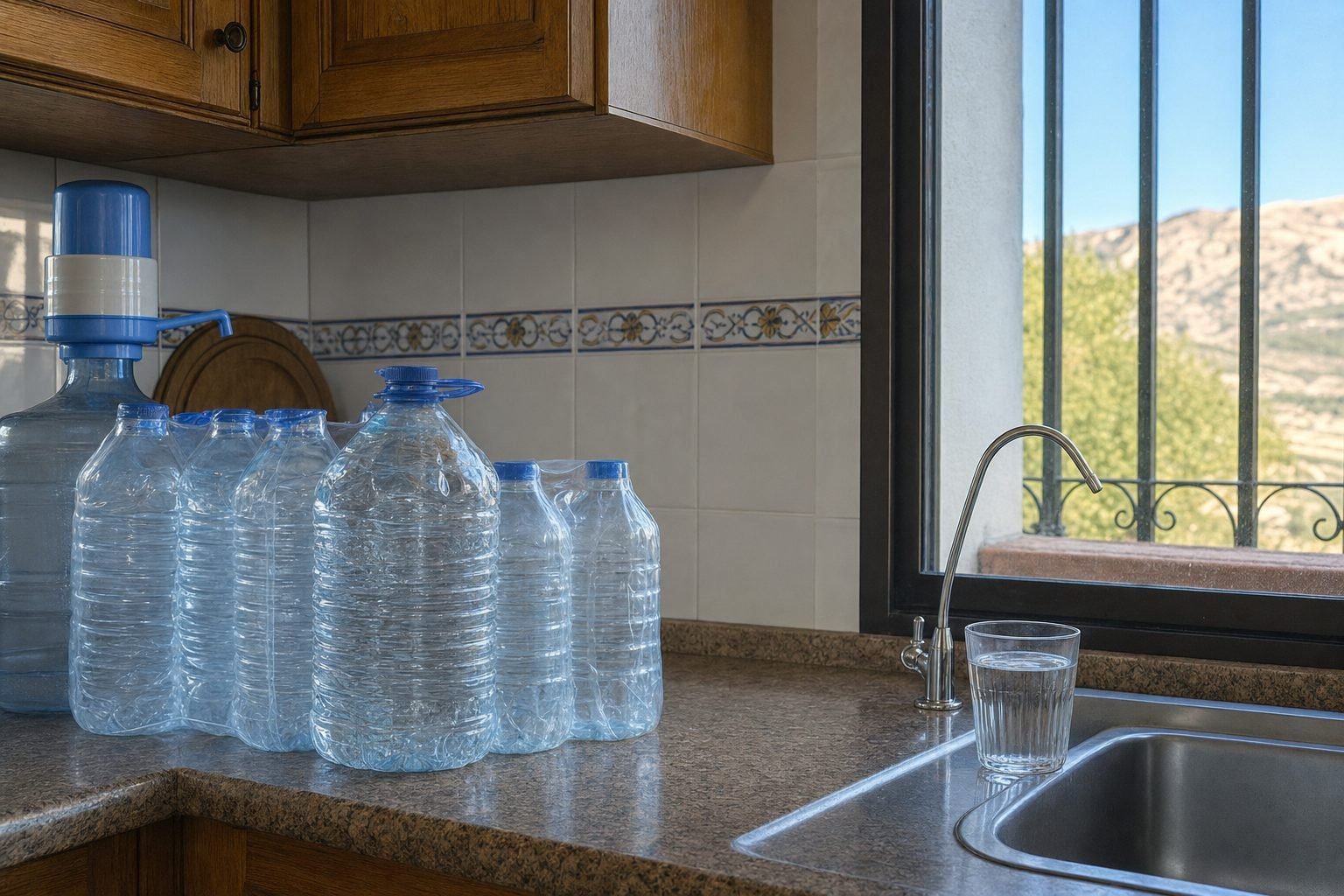 Garrafas de agua embotellada junto a un grifo de ósmosis en la cocina