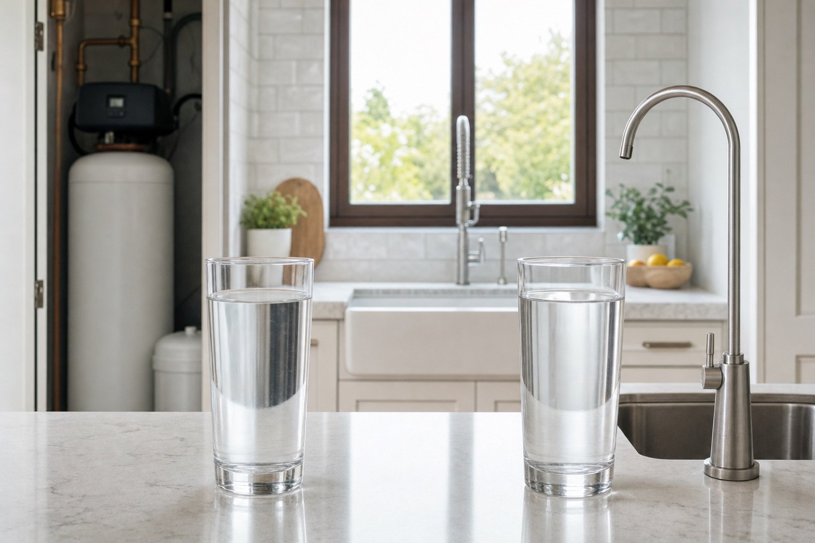Dos vasos de agua junto a un grifo de ósmosis con un descalcificador al fondo
