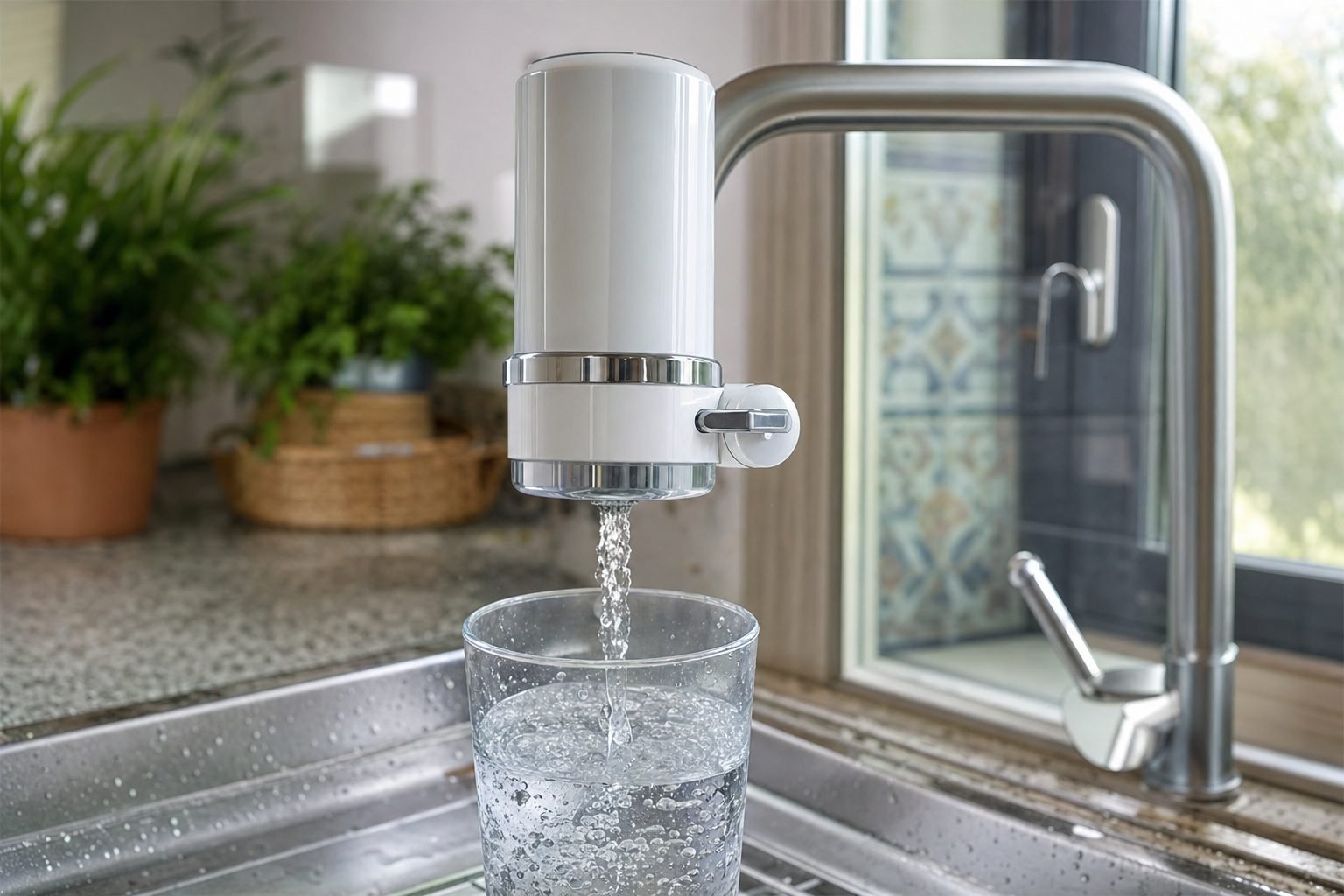 Filtro de agua enroscado en el grifo de la cocina llenando un vaso