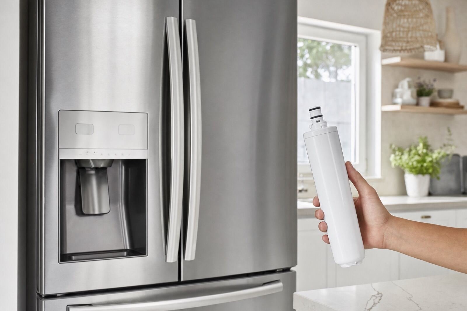 Frigorífico americano con dispensador de agua y un filtro de recambio