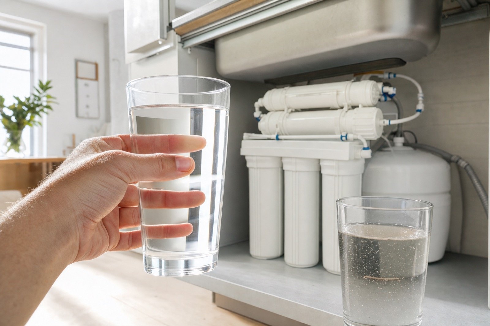 Vaso de agua filtrada a contraluz junto a una ósmosis inversa