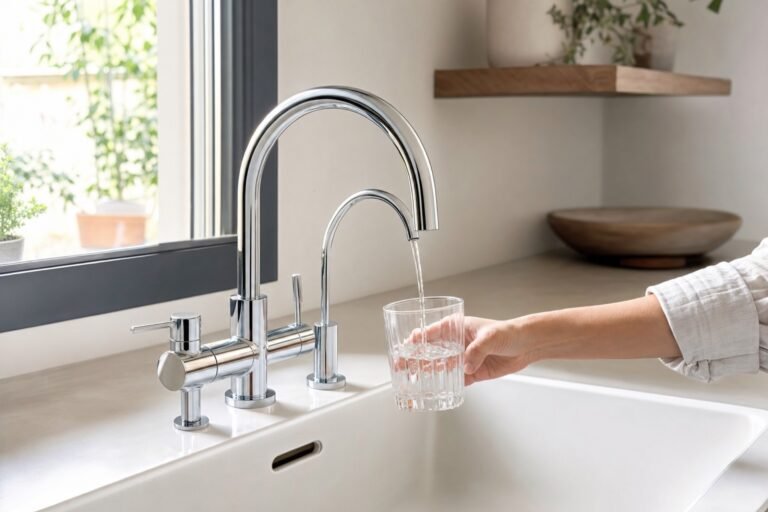 Grifo de cocina de tres vías llenando un vaso de agua filtrada