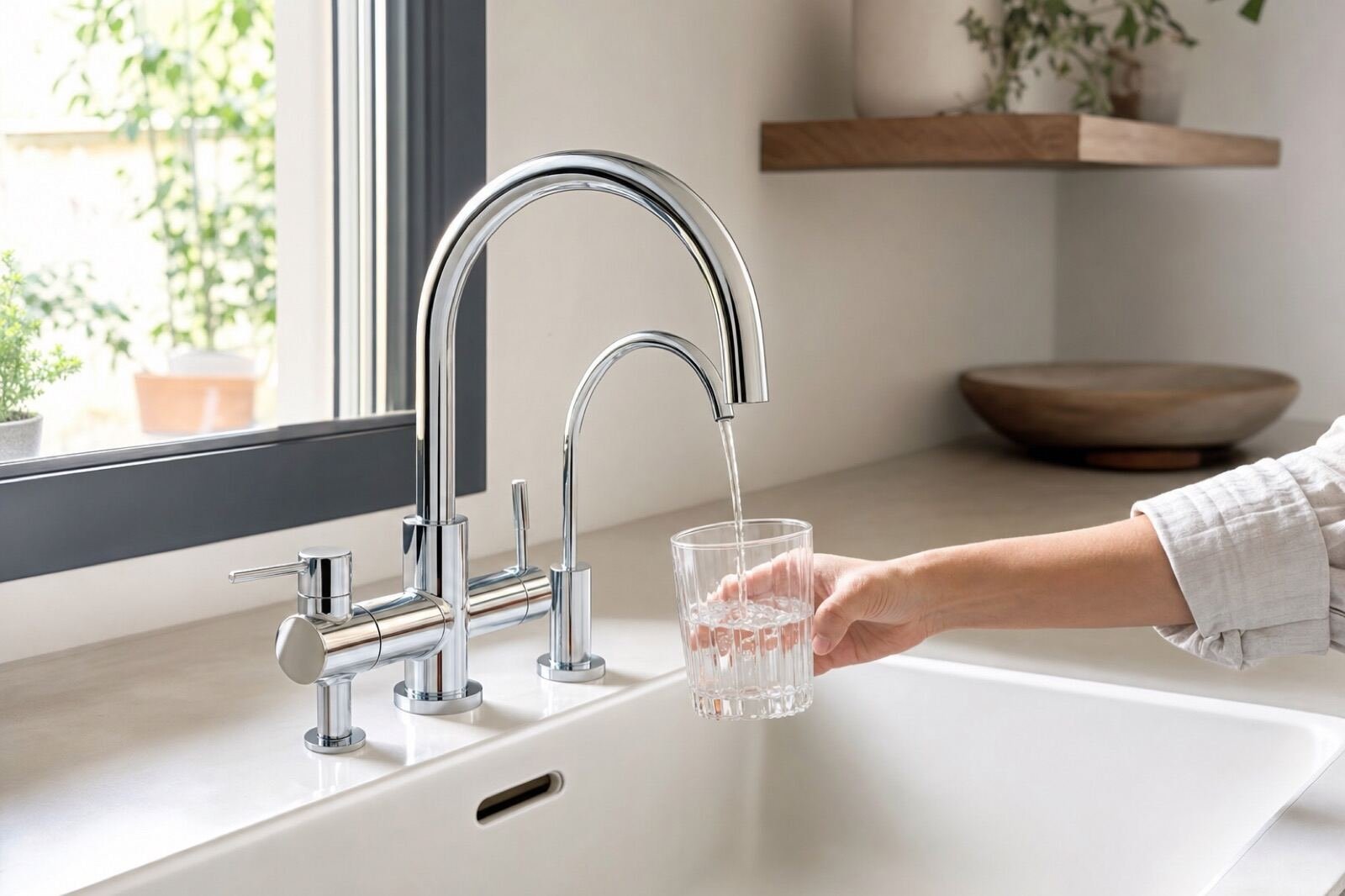 Grifo de cocina de tres vías llenando un vaso de agua filtrada