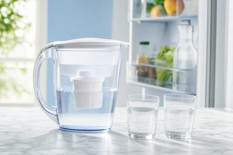Jarra filtrante de agua con cartucho junto a dos vasos de agua