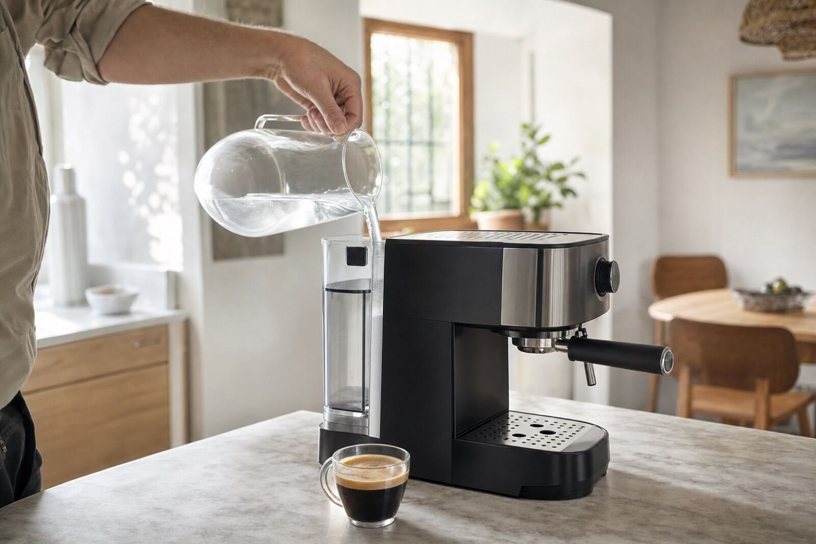 Echando agua filtrada en el depósito de una cafetera espresso