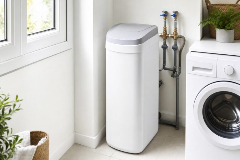Descalcificador de agua doméstico instalado junto a la lavadora
