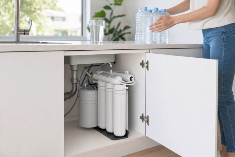 Ósmosis inversa bajo el fregadero y vaso de agua en la encimera