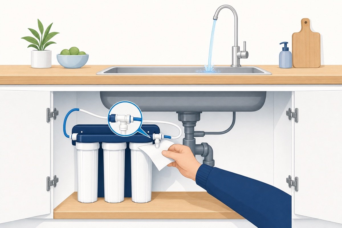 Comprobar fugas con papel de cocina en las uniones del filtro y purgar el agua por el grifo