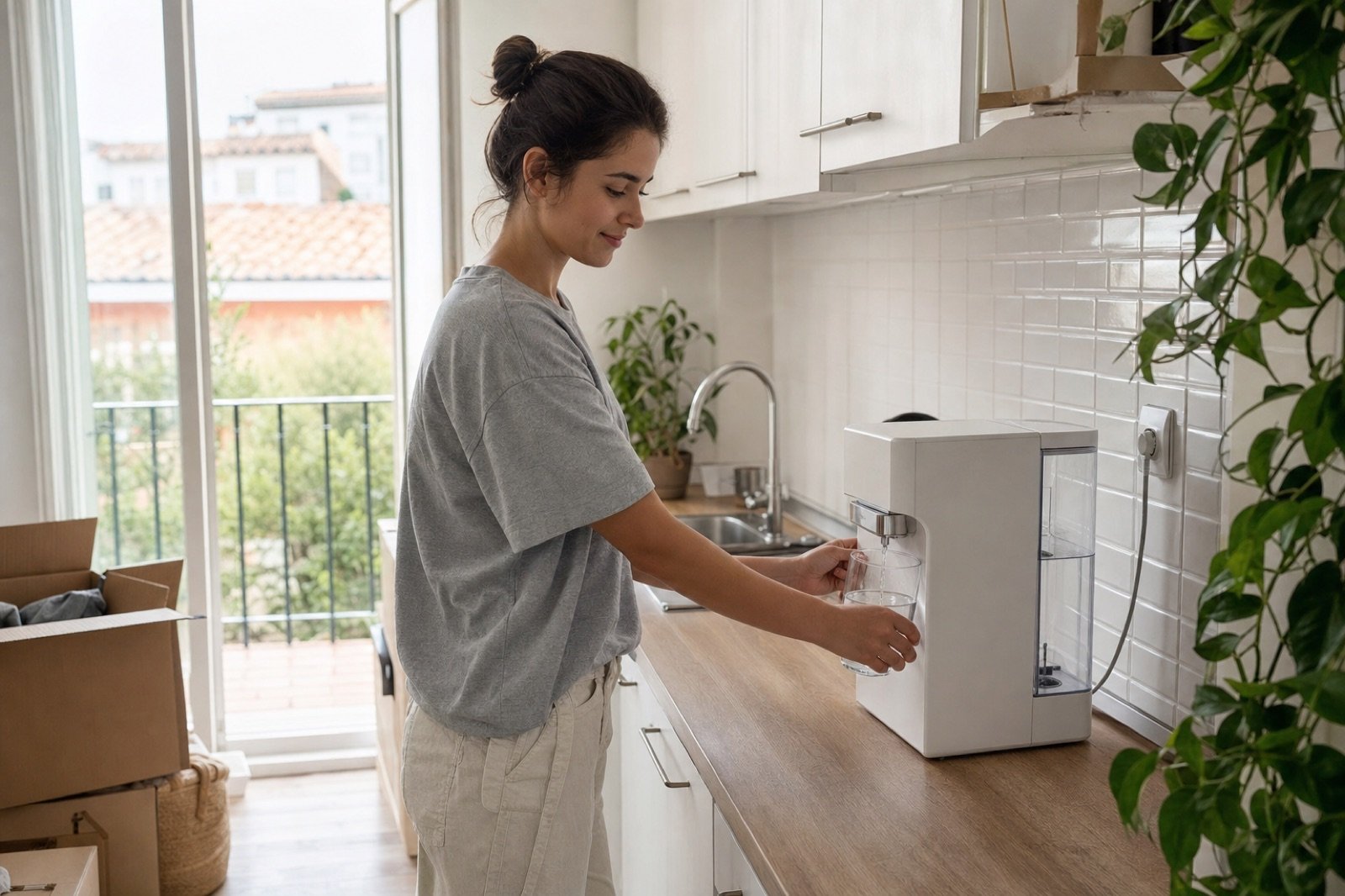 Persona llenando un vaso en una ósmosis de sobremesa en la cocina de un piso de alquiler