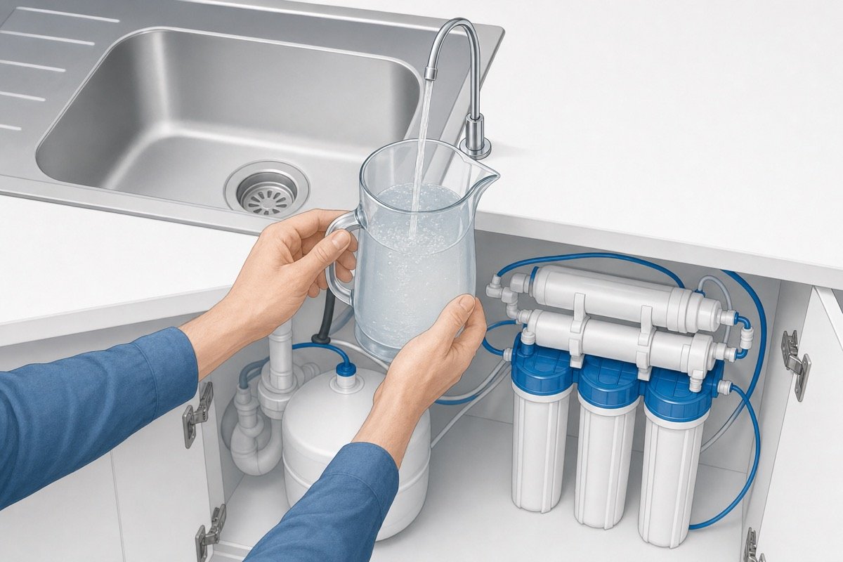 Dejar correr el primer agua de la ósmosis por el grifo para lavar los filtros