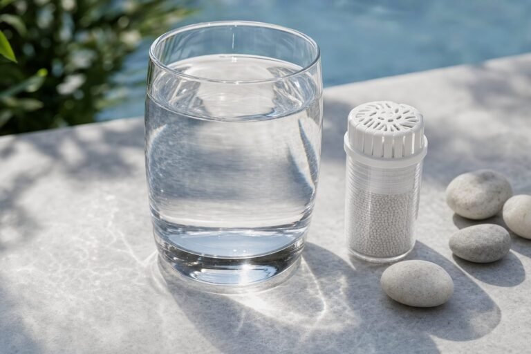 Vaso de agua junto a un cartucho remineralizador y piedras minerales