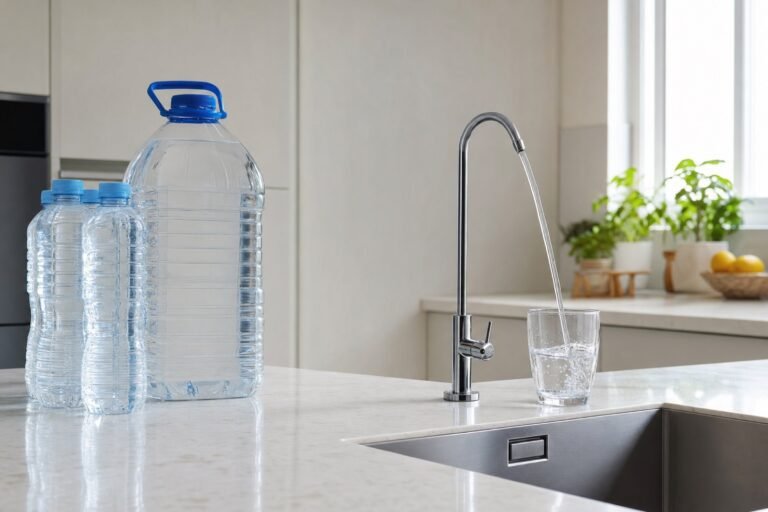 Botellas de agua de plástico frente a un grifo de ósmosis llenando un vaso