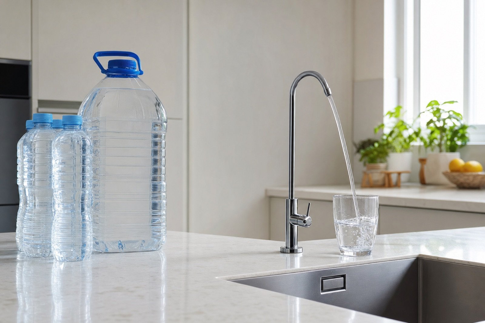 Botellas de agua de plástico frente a un grifo de ósmosis llenando un vaso
