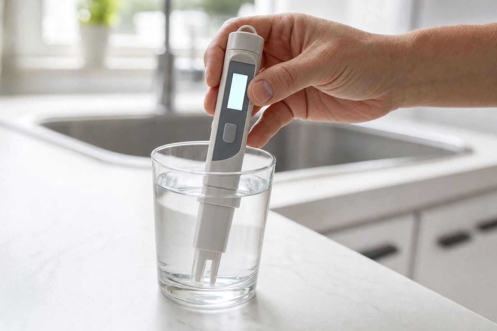 Midiendo el TDS de un vaso de agua del grifo con un medidor digital